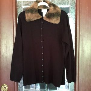 Black Vintage Size M Cardigan with Faux Fur Collar; Button Front; Classic Style
